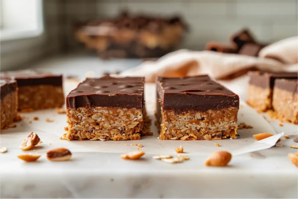 A glossy chocolate-topped peanut butter no-bake bar with a thick golden-tan gluten-free base, sliced cleanly to show its two distinct layers, styled on a white ceramic plate with a warm-beige linen and soft pastel accents in cozy natural window light, creating an inviting scene that reflects Easy Gluten Free Chocolate Desserts.