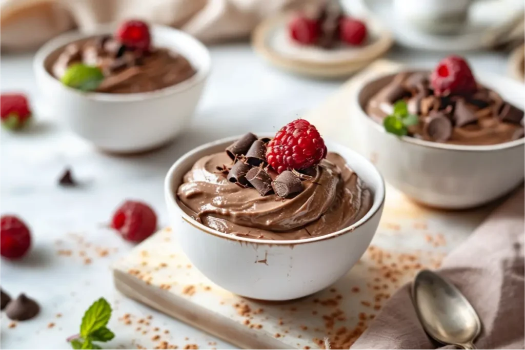 8 Gluten Dairy Egg Free Desserts You’ll Actually Crave 6 Creamy coconut milk chocolate pudding in small white ceramic cups with glossy chocolate shavings and bright berries, styled on a light wood board with pastel blush linens in warm natural window light; shallow depth of field, soft shadows, and clean modern Texas kitchen background creating a cozy gluten-free atmosphere.