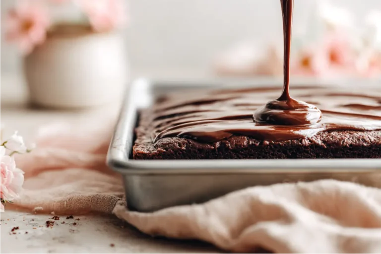 The Best 5 Easy Gluten Free Chocolate Desserts 10 Rich gluten-free Texas sheet cake covered in smooth fudgy chocolate frosting, styled on a bright neutral countertop with soft window light and pastel kitchen accents, representing Easy Gluten Free Chocolate Desserts in a warm Texas-family setting.