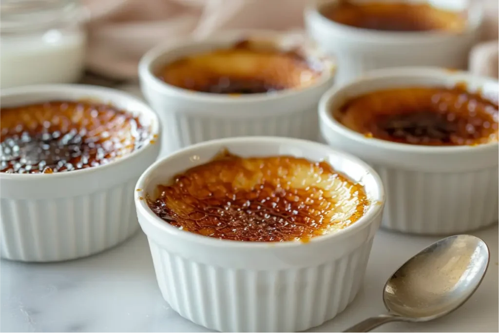 Warm natural window light highlights a close-up of crème brûlée in white ramekins, showing a crackled caramelized sugar top with golden honey tones, subtle cocoa shadows, and a silky custard texture. Soft pastel blush, cream, and sage accents blur in the background on a clean modern countertop, with minimal chrome utensils adding an editorial yet cozy gluten-free dessert mood.