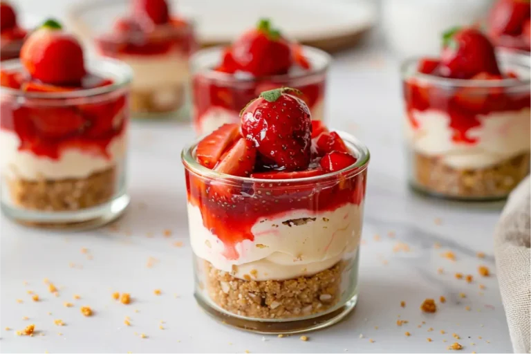 Easy Gluten Free Desserts No Bake: 6 Simple Treats You’ll Love To Make Again 11 Ultra-close strawberry cheesecake cup layered with gluten-free graham crumble, creamy no-bake filling, and glossy strawberry topping, styled in a clear jar on a clean modern kitchen surface with pastel blush and sage accents, soft natural window light, and a fresh summery tone, supporting the easy gluten free desserts no bake theme.