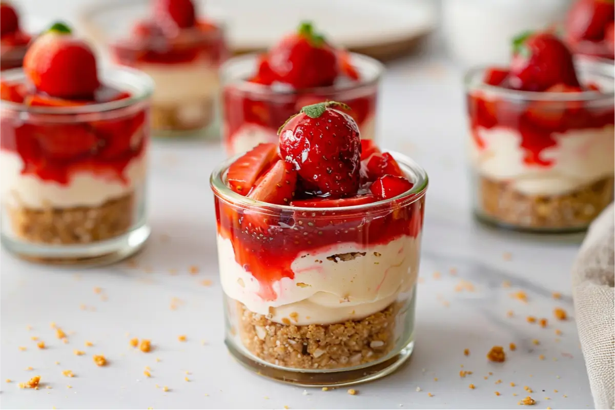 Ultra-close strawberry cheesecake cup layered with gluten-free graham crumble, creamy no-bake filling, and glossy strawberry topping, styled in a clear jar on a clean modern kitchen surface with pastel blush and sage accents, soft natural window light, and a fresh summery tone, supporting the easy gluten free desserts no bake theme.