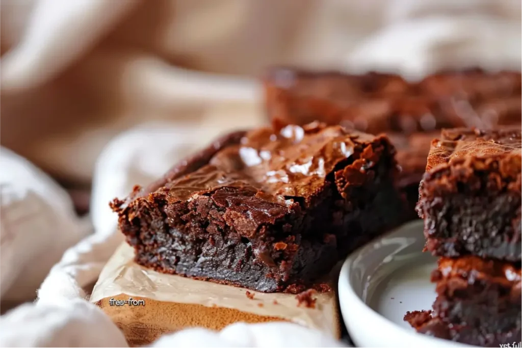 8 Gluten Dairy Egg Free Desserts You’ll Actually Crave 4 Ultra-close shot of dense, fudgy vegan flourless brownies with glossy chocolate pockets, soft natural window light, pastel blush and cream accents in the background, shallow depth of field, clean white ceramic plate and light wood board, warm cozy Texas-inspired kitchen atmosphere, realistic gluten-free texture highlighted in the crumb.