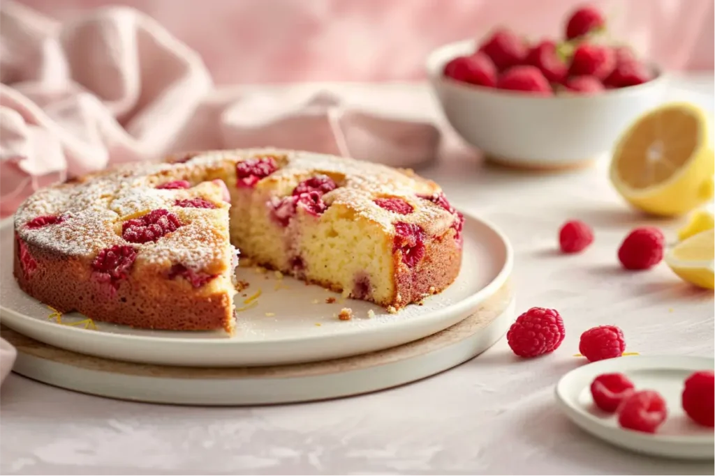 8 Gluten Dairy Egg Free Desserts You’ll Actually Crave 16 Golden gluten-free lemon raspberry snack cake sliced on a white ceramic plate, showing a moist coconut-flour crumb with vibrant raspberries, warm natural window light, soft blush and cream tones, light wood board, pastel linens, shallow depth of field, modern Texas-style kitchen background, bright berry and citrus accents.