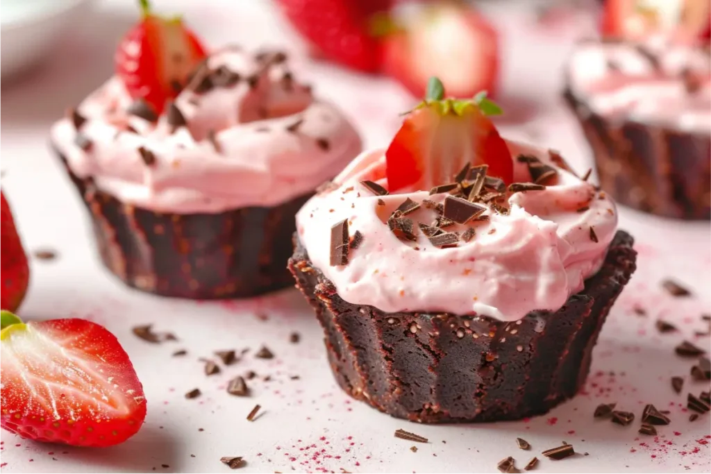 8 Gluten Dairy Egg Free Desserts You’ll Actually Crave 10 Ultra-close view of mini strawberry cream pie cups with chocolate oat-date crusts, pale-pink coconut cream filling, fresh strawberry slices, and a soft chocolate drizzle, styled on a blush-toned surface with natural window light, shallow depth of field, minimal white ceramics, warm Texas-inspired kitchen background, and realistic gluten-free textures.