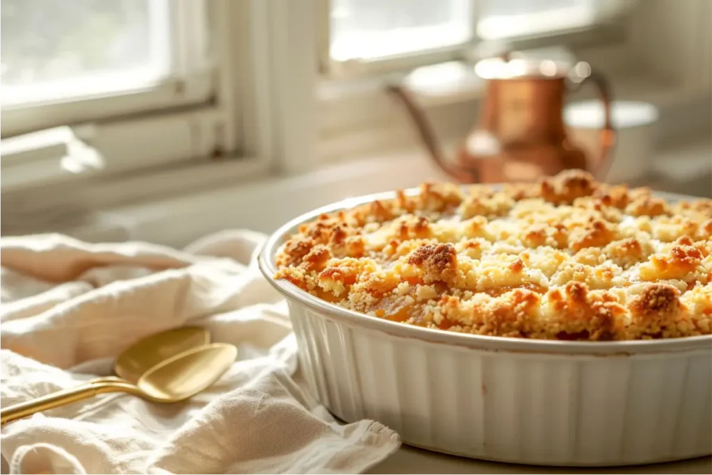 Golden gluten-free pumpkin dump cake with a crisp crumb topping, warm amber tones, and soft natural window light on a neutral kitchen surface, styled with a beige linen napkin, brushed-gold spoon, pastel accents, and gentle autumn coziness in a shallow-depth close-up.