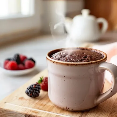 8 Gluten Dairy Egg Free Desserts You’ll Actually Crave 15 Flourless Dark Chocolate Mug Cake in a white mug with a soft, glossy top and warm natural light.