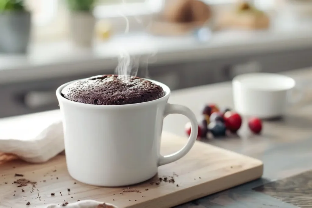 8 Gluten Dairy Egg Free Desserts You’ll Actually Crave 14 Warm natural window light highlighting a freshly cooked flourless dark chocolate mug cake in a white ceramic mug, rich glossy top with soft gluten-free crumb, shallow depth of field, pastel blush and cream accents, light wood board, soft linens, and a clean modern Texas-style kitchen background.