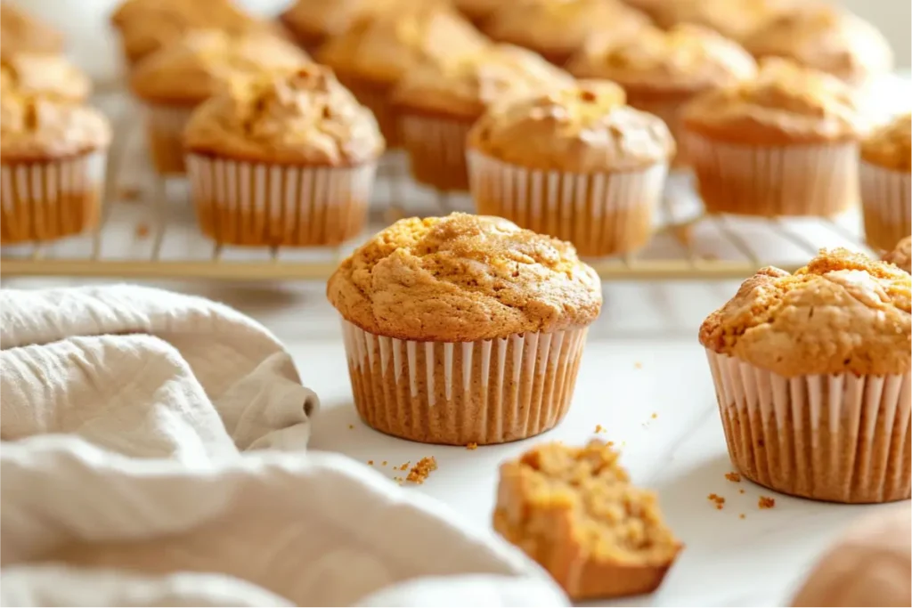 Warm natural light highlighting golden-domed pumpkin muffins on a neutral countertop with soft pumpkin-spice tones, tender gluten-free crumb visible in a split muffin, shallow depth of field, warm beige linen, subtle copper accent, and an inviting modern Texas-kitchen fall mood.