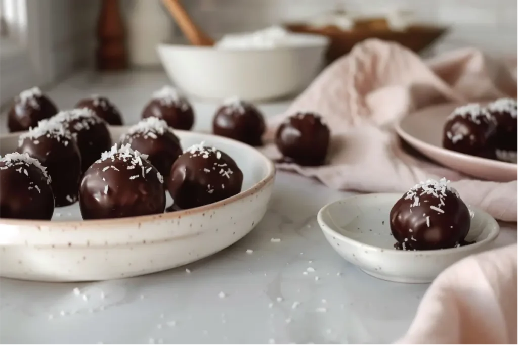 Frozen banana bites dipped in glossy dark chocolate arranged on a neutral countertop with pastel blush and cream accents, shown in soft natural window light with subtle highlights, shallow depth of field, minimal cozy props, realistic gluten-free textures, and a calm, beginner-friendly mood.