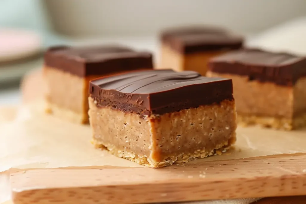 10 Best Gluten and Dairy Free Desserts to Impress Guests 10 ultra-close sliced frozen banana peanut butter fudge bars with a glossy chocolate layer, soft frost along the edges, warm natural window light, cream-and-blush kitchen tones, light wood board, shallow depth of field, realistic gluten-free texture