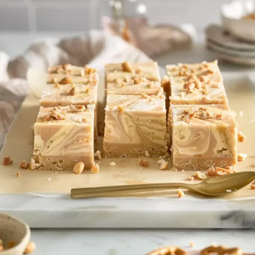 Frozen banana peanut butter fudge squares with smooth swirled texture on parchment.