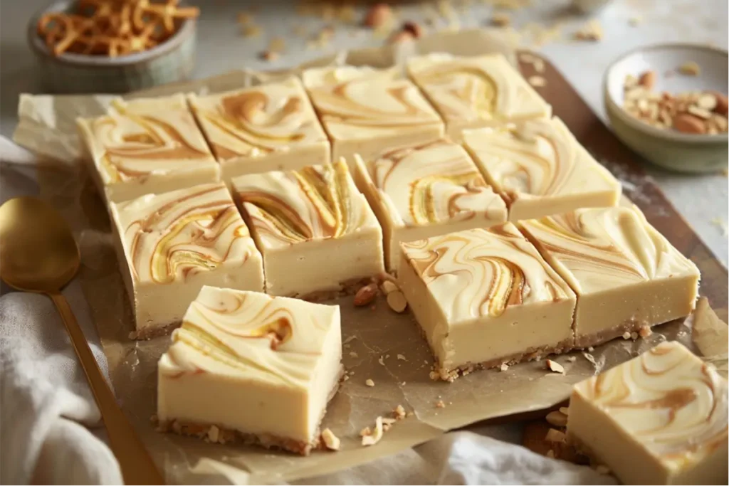 Ultra-close frozen banana peanut butter fudge cut into rustic squares on parchment, creamy swirled texture with vanilla-flecked surfaces, maple-gold highlights, crushed gluten-free pretzel crumbs, brushed-gold spoon, soft natural window light, pastel blush and sage accents, clean neutral Texas-kitchen background, cozy editorial warmth.