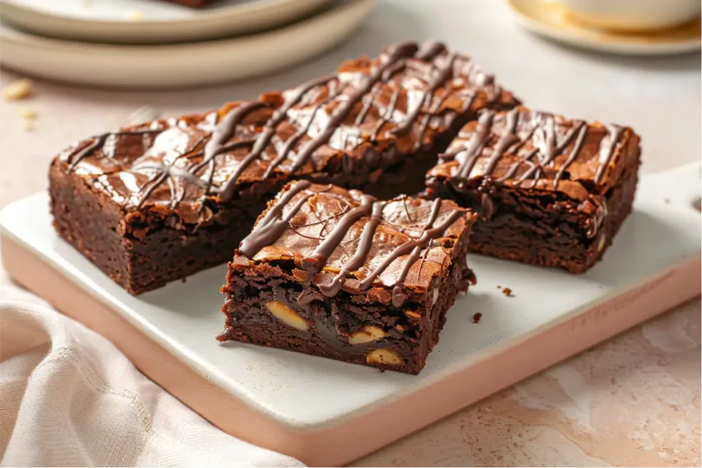 10 Best Gluten and Dairy Free Desserts to Impress Guests 4 Fudgy almond butter brownies sliced into thick squares on a light wood board, glossy chocolate swirls catching warm natural window light, soft cream-and-blush kitchen backdrop with subtle sage tones, shallow depth of field highlighting dense gluten-free texture and cozy modern Texas-mom styling.