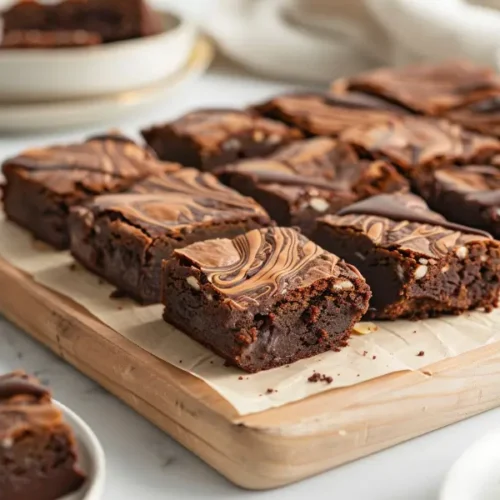 10 Best Gluten and Dairy Free Desserts to Impress Guests 5 Fudgy almond butter brownies sliced into thick squares on a light wood board, glossy chocolate swirls catching warm natural window light, soft cream-and-blush kitchen backdrop with subtle sage tones, shallow depth of field highlighting dense gluten-free texture and cozy modern Texas-mom styling.