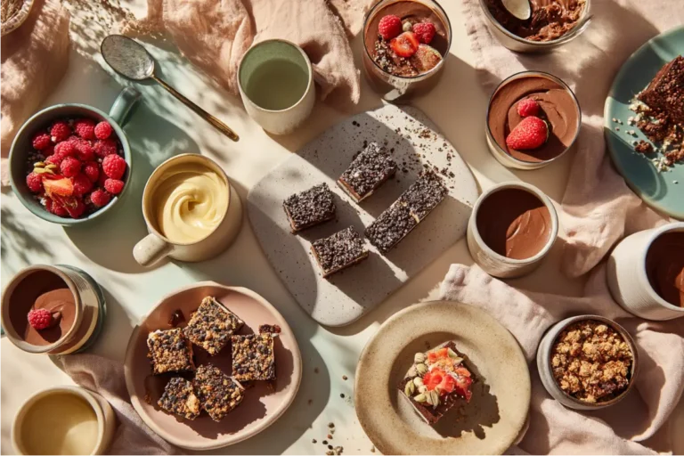 Gluten And Dairy Free Dessert Recipes: the complete guide to sweet freedom 28 This hero image shows a warm, sunlit collection of gluten and dairy free desserts, styled on sage and cream plates with blush linens for a cozy Texas-kitchen feel. Chocolate mousse cups, raspberry crumble bars, berry cheesecake jars, crisp, and brownie bites are spaced clearly to reflect the variety in this complete guide. The soft window light and pastel palette match the Rachel Monroe brand while visually reinforcing the main keyword: gluten and dairy free dessert recipes.