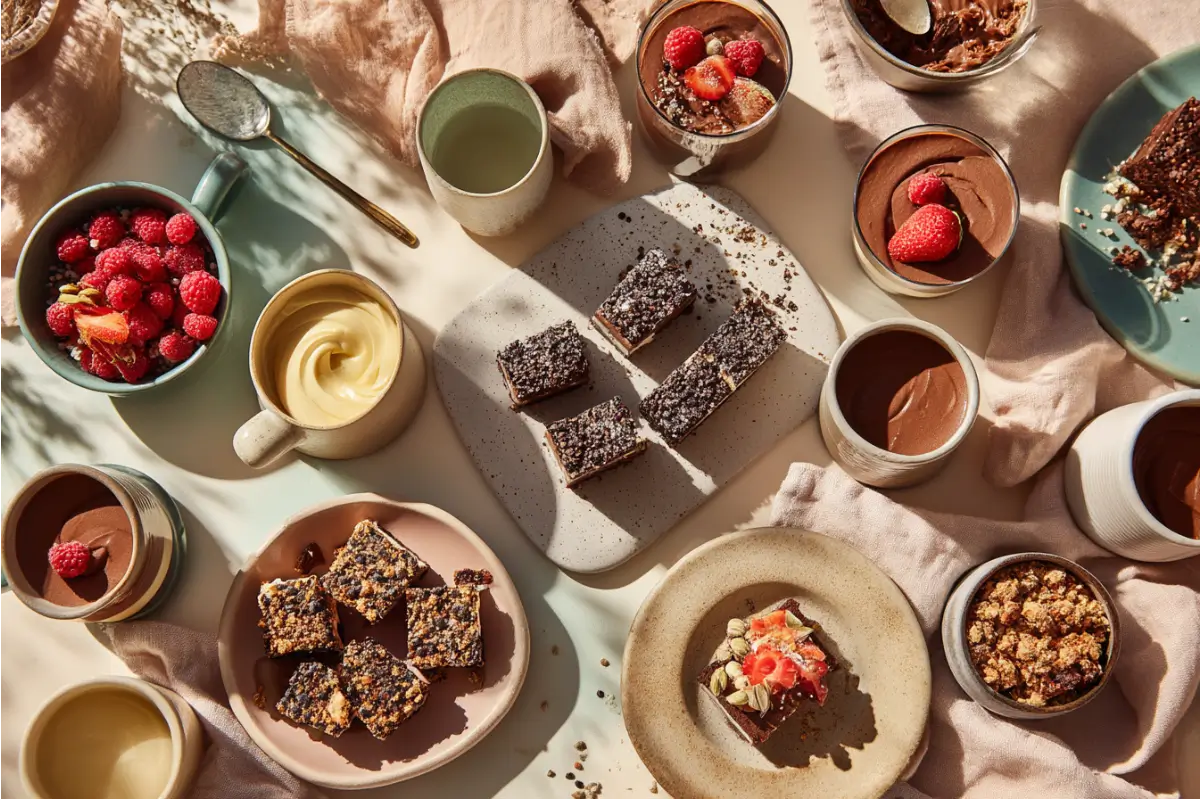 This hero image shows a warm, sunlit collection of gluten and dairy free desserts, styled on sage and cream plates with blush linens for a cozy Texas-kitchen feel. Chocolate mousse cups, raspberry crumble bars, berry cheesecake jars, crisp, and brownie bites are spaced clearly to reflect the variety in this complete guide. The soft window light and pastel palette match the Rachel Monroe brand while visually reinforcing the main keyword: gluten and dairy free dessert recipes.