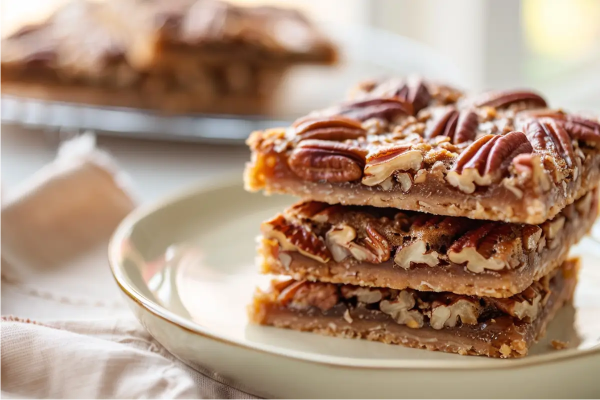10 Best Gluten and Dairy Free Desserts to Impress Guests 1 gluten-free dairy-free pecan pie bars stacked on a cream plate in soft window light with warm pastel kitchen tones and cozy serving style