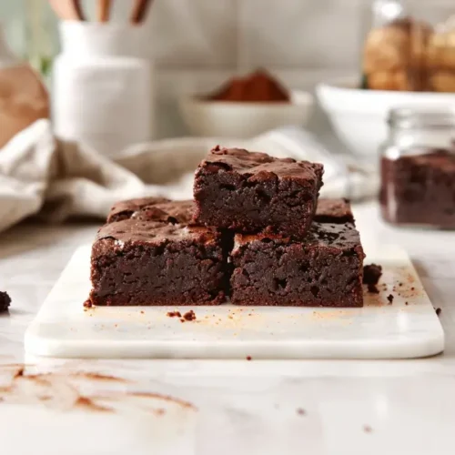 Fudgy gluten-free 3-ingredient brownies cut into dense chocolate squares on a clean neutral surface.