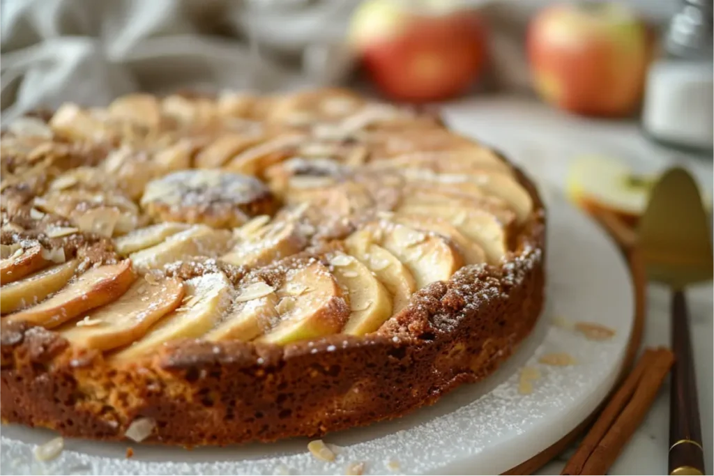 Warm natural window light highlighting a close-up gluten-free apple cake with a golden caramelized cookie-almond top, soft powdered sugar dusting, tender apple slices peeking through, brushed-gold utensils, muted sage and blush accents, and a clean cream kitchen backdrop with a cozy fall tone.