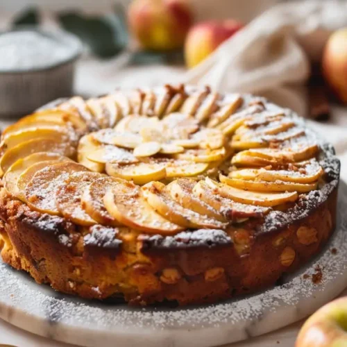 Gluten-Free Apple Cake (Russian-Style Sharlotka) with golden caramelized top in warm natural light.