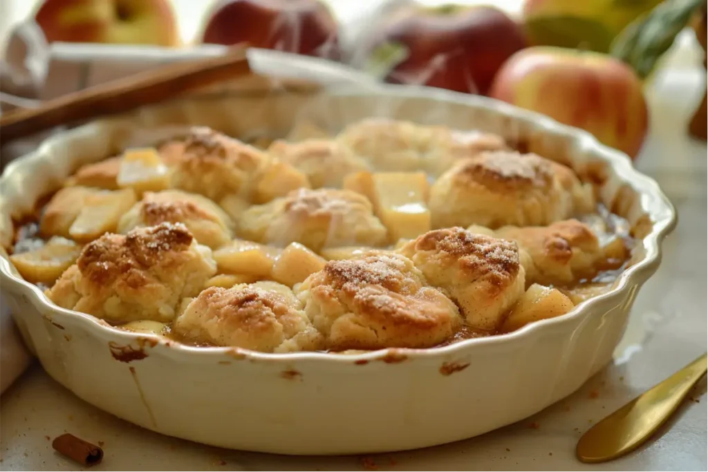 Golden gluten-free apple cobbler in a cream ceramic baking dish, biscuit topping crisp and lightly browned over warm cinnamon apples, styled with brushed-gold utensils and soft fall accents in warm natural light, perfectly capturing the cozy vibe of Easy Gluten-Free Apple Desserts.