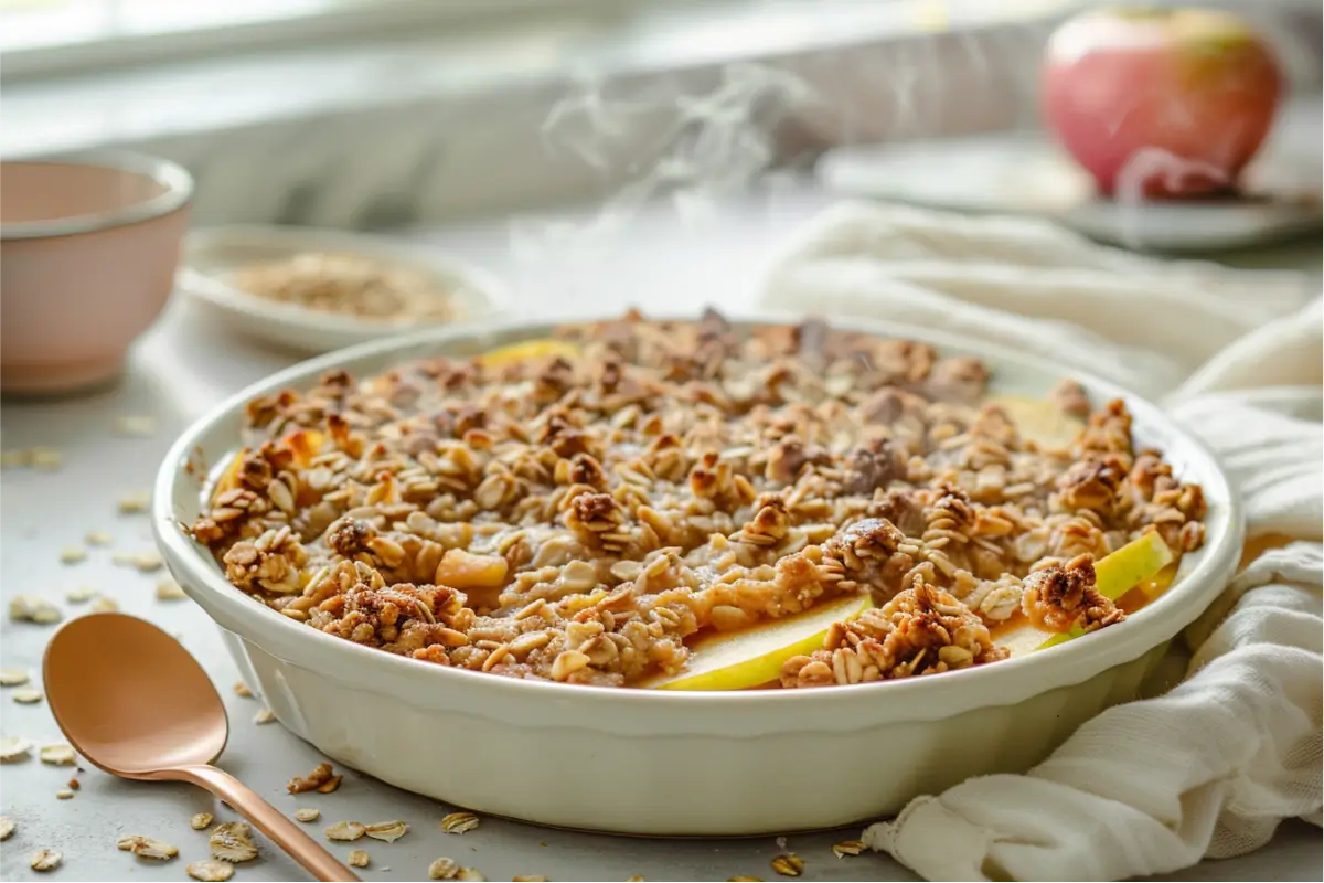 Warm golden gluten-free apple crisp in a shallow close-up, showing crisp oat clusters, tender apple slices, bubbling amber juices, soft natural window light, pastel accents, a cream linen, peach ramekin, and brushed-metal spoon on a clean neutral background with a cozy early-fall mood.