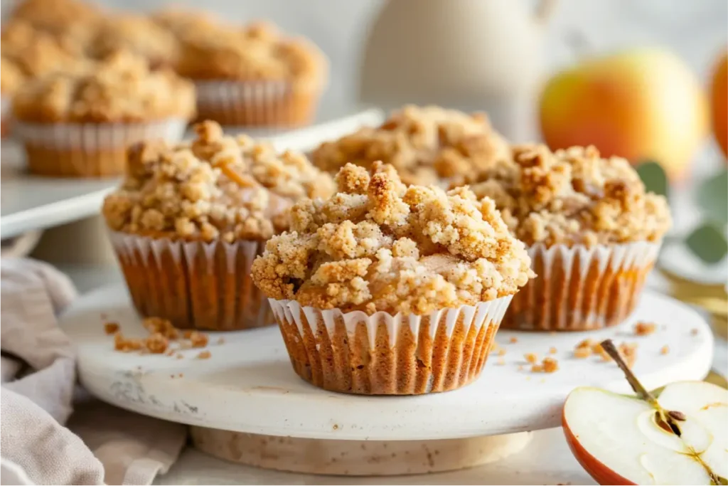 Warm natural window light highlighting golden gluten-free apple muffins with craggy cinnamon crumble tops, tiny apple pieces visible in the tender interior, styled on a cream kitchen surface with blush and muted sage accents, brushed-gold utensils, warm wood tones, and a cozy fall atmosphere.
