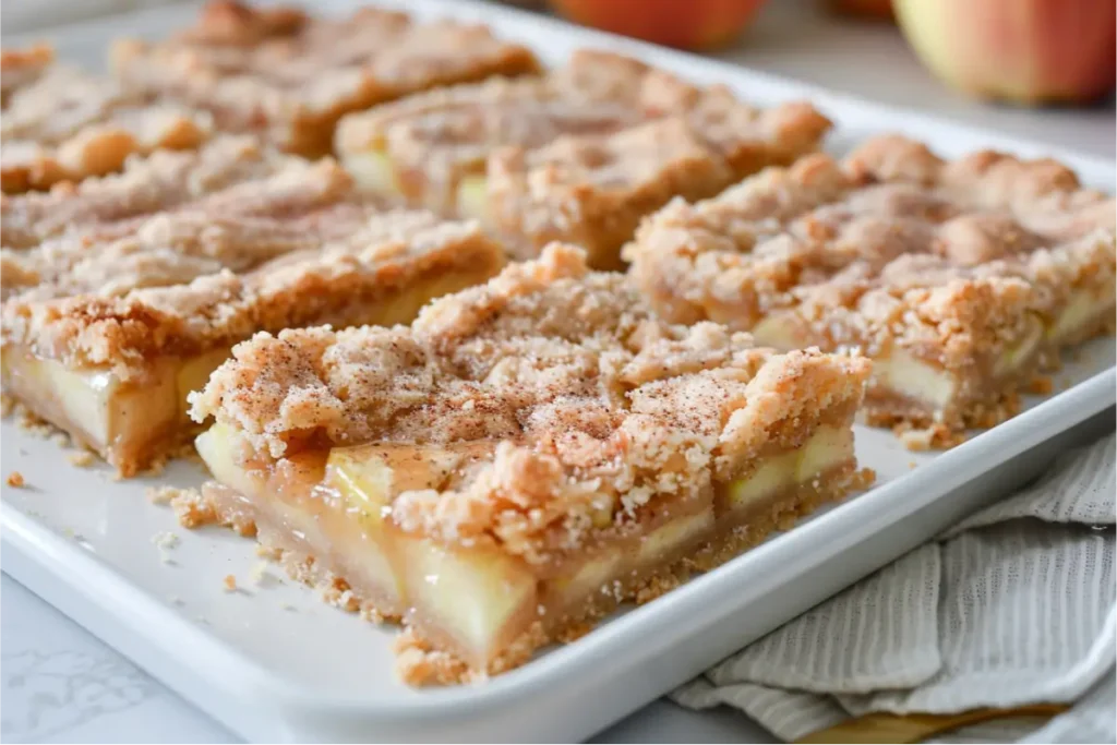 Golden gluten-free apple pie bars sliced into neat stackable squares, showing crumbly shortbread layers and tender cinnamon-spiced apple filling under warm natural window light; subtle blush and sage accents, clean cream kitchen backdrop, brushed-gold utensil hints, cozy fall mood, realistic gluten-free textures.