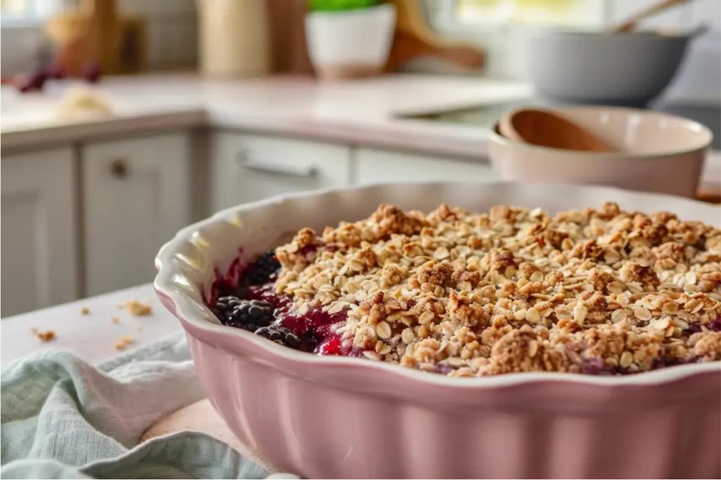 The Best Easy Gluten Free Desserts For Beginners 6 Warm natural light highlighting a bubbling gluten-free berry crisp in a blush ceramic dish, glossy purple-blue berry filling beneath a golden oat-almond crumble, shallow depth of field, soft pastel sage linen in the background, clean modern countertop, cozy Texas-inspired kitchen mood with realistic gluten-free textures.