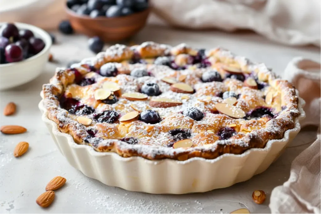 The Best Easy Gluten Free Desserts For Beginners 2 Warm natural light on a custardy gluten-free blueberry almond clafoutis with golden puffed edges, glossy blueberry pockets, and toasted almond slices in a pale ceramic dish on a clean neutral countertop with blush and sage pastel accents, soft shadows, shallow depth of field, and a cozy modern Texas-inspired kitchen mood.