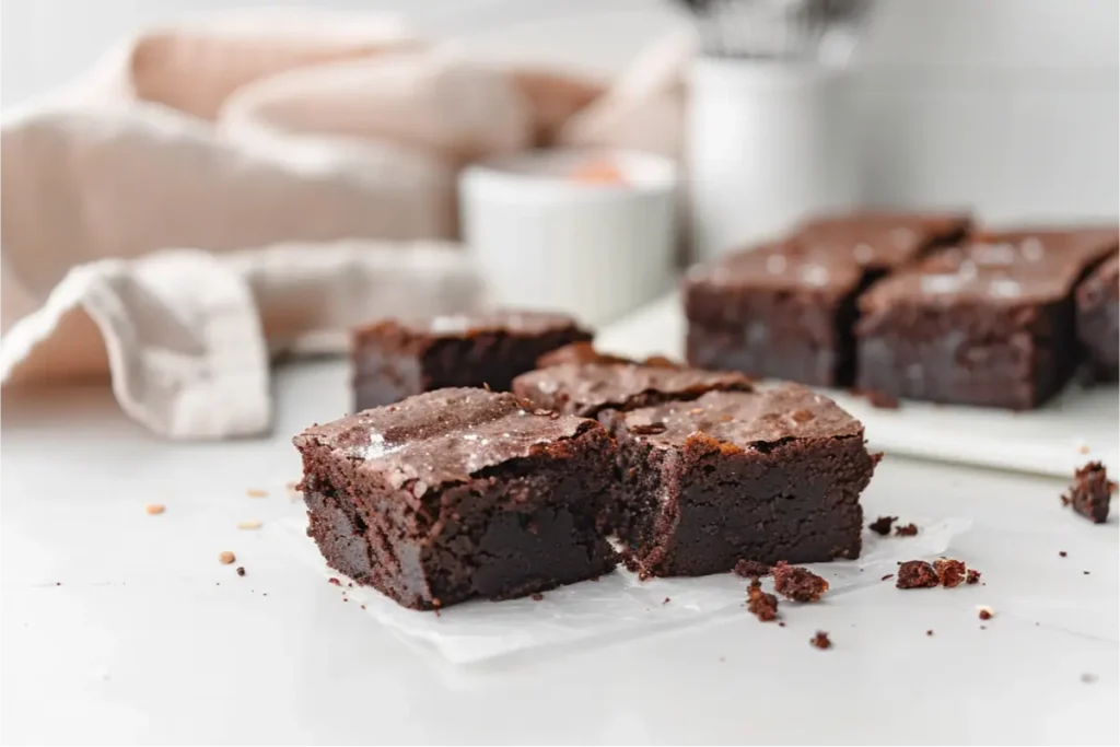 fudgy gluten-free brownies cut into neat squares on a neutral countertop, rich cocoa color with glossy tops and soft cracks, almond-flour texture visible in the ultra-close slice, warm natural window light with pastel blush and cream accents, minimal soft linen and whisk blurred in the background, cozy and modern Texas-inspired kitchen mood