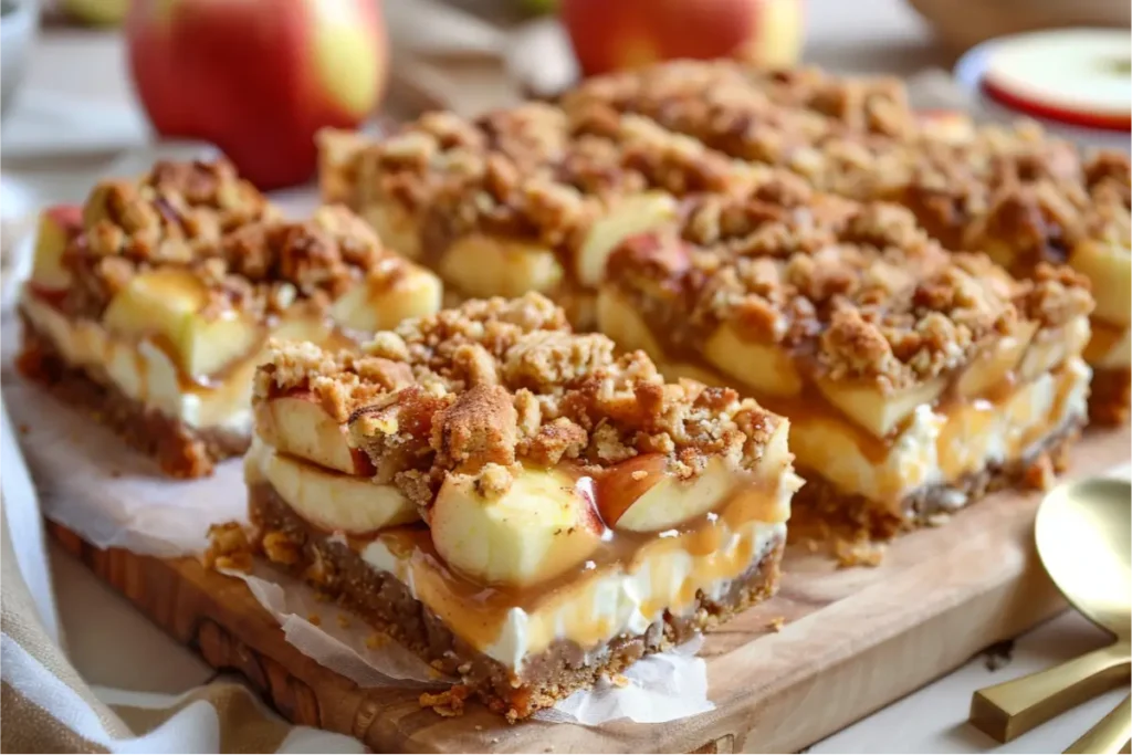 close-up of gluten-free caramel apple cheesecake bars showing a golden shortbread crust, creamy cheesecake center, tender cinnamon-spiced apples, and crisp streusel clusters, styled on warm wood with blush and muted sage accents, brushed-gold utensil nearby, soft natural window light creating cozy fall tones against a clean cream kitchen background