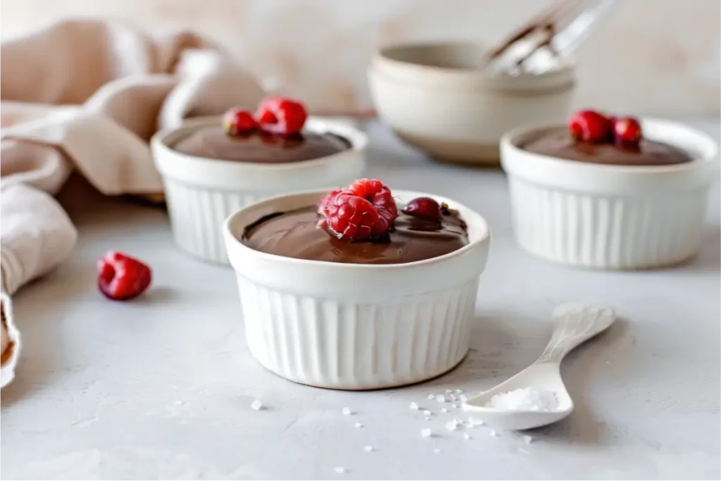Silky chocolate avocado pudding made from ripe avocados, coconut milk, raw cacao, and maple syrup, styled in a warm kitchen with a dollop of coconut whipped cream and raspberries, representing Easy Gluten and Dairy Free Desserts for Beginners.