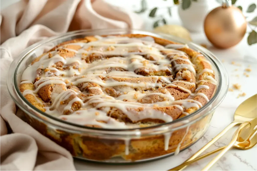 The Ultimate Gluten And Dairy Free Desserts For Christmas Everyone Will Love 12 Golden gluten-free cinnamon roll cake shown from an ultra-close side angle with glossy vanilla glaze pooling into cinnamon swirls, warm natural window light, soft blush and cream background accents, brushed-gold tones, subtle evergreen hints, shallow depth of field, and realistic gluten-free crumb texture in a cozy modern Texas-kitchen mood.