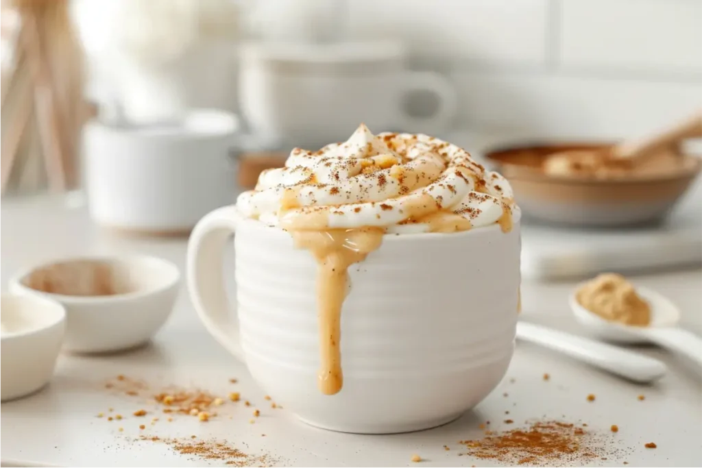 Gluten Free Nut Free Desserts for Beginners That Actually Taste Good 2 warm close-up of a freshly microwaved gluten-free cinnamon mug cake showcasing gluten free nut free desserts in a white ceramic mug with visible cinnamon swirl, soft puffed crumb, glossy icing drizzle, shallow depth of field, pastel blush and sage accents, natural window light on a clean neutral countertop, subtle crumbs and modern cozy texas-inspired styling