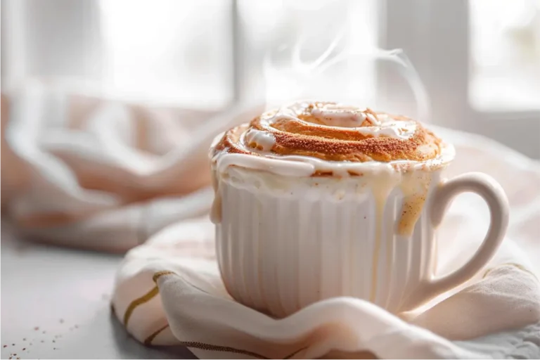 Gluten Free Nut Free Desserts for Beginners That Actually Taste Good 9 Warm gluten-free cinnamon roll mug cake in a cream ceramic mug, gooey cinnamon swirl on top, soft natural window light, pastel blush and sage kitchen tones, cozy modern Texas-mom style.