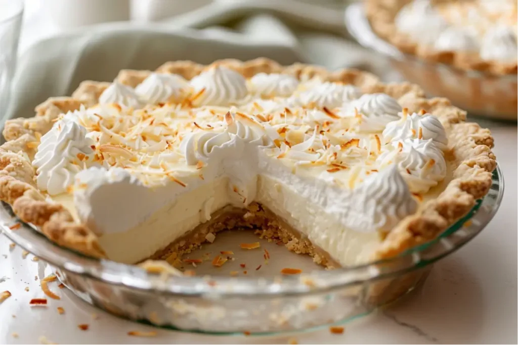 Ultra-close view of a gluten-free coconut cream pie with a golden toasted coconut crust, thick creamy custard filling, and soft whipped topping, styled on a clean modern countertop with blush and sage pastel accents, natural window light, subtle crumbs, and warm Texas-inspired cozy tones.