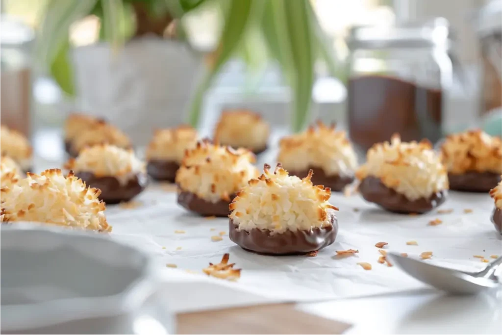 Warm ultra-close view of gluten-free coconut macaroons with golden, crisp exteriors and chewy textured centers, some dipped in glossy dark chocolate, scattered crumbs on parchment, soft natural window light casting gentle cocoa-toned shadows, pastel blush and sage accents blurred in the background, clean modern Texas-inspired kitchen mood.
