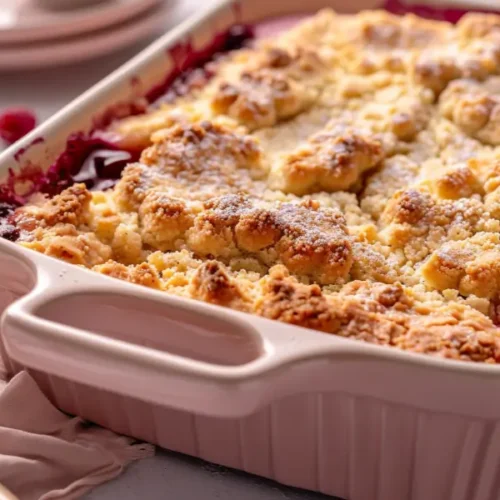 warm gluten-free cookie cobbler with bubbling fruit and golden cookie topping, a cozy Texas-mom dessert for sharing