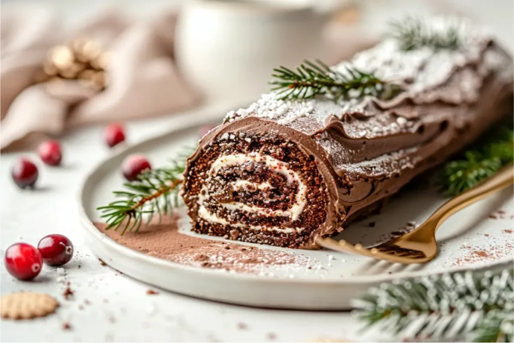 The Ultimate Gluten And Dairy Free Desserts For Christmas Everyone Will Love 16 Ultra-close gluten-free and dairy-free bรปche de noรซl with fork-textured chocolate coating, fluffy cacao-coconut filling peeking at the swirl, warm natural window light, soft blush and pastel sage accents, brushed-gold utensil hints, sugared rosemary and cranberries, clean neutral backdrop, cozy modern Texas-kitchen mood with realistic gluten-free sponge texture.