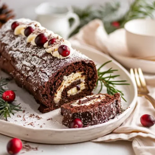 The Ultimate Gluten And Dairy Free Desserts For Christmas Everyone Will Love 17 Gluten-Free / Dairy-Free Bรปche de Noรซl with chocolate exterior and visible swirl.