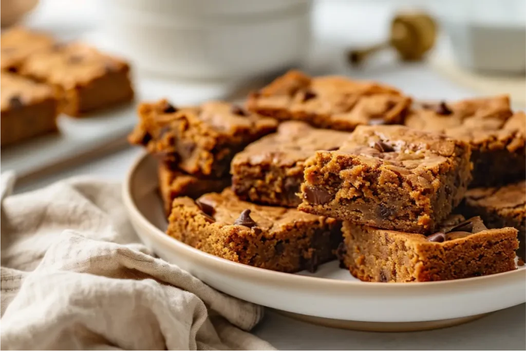 Chewy pumpkin blondies sliced on a neutral plate under warm natural window light, showing moist gluten-free texture and cozy fall tones, styled with melted chocolate chips, a beige linen napkin, pastel kitchen accents, and a clean modern backdrop for Gluten Free Dairy Free Pumpkin Desserts.