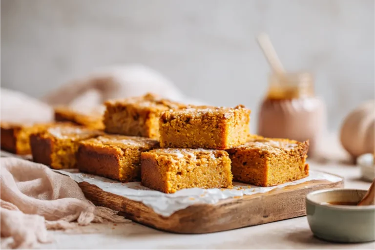 gooey gluten-free dairy-free pumpkin blondies sliced on parchment with warm window light and cozy fall tones in a soft neutral kitchen