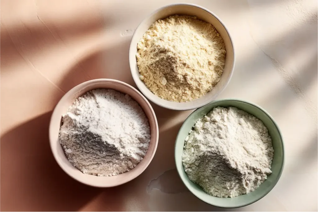 Your Top 20 Questions About Easy Gluten-Free Baking Answered 2 Three gluten-free flour blends arranged in bowls on a cream surface with soft natural light and pastel kitchen accents.