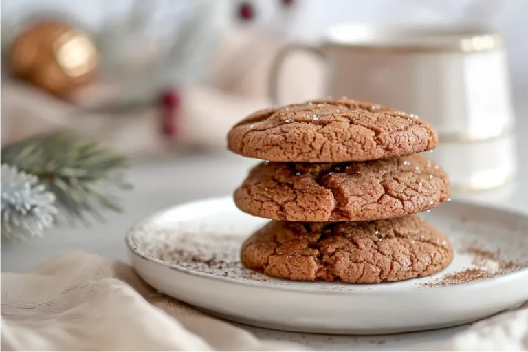 Soft gluten-free gingerbread cookies stacked on a neutral surface with cracked edges, warm window light, pastel accents, and Christmas coziness.