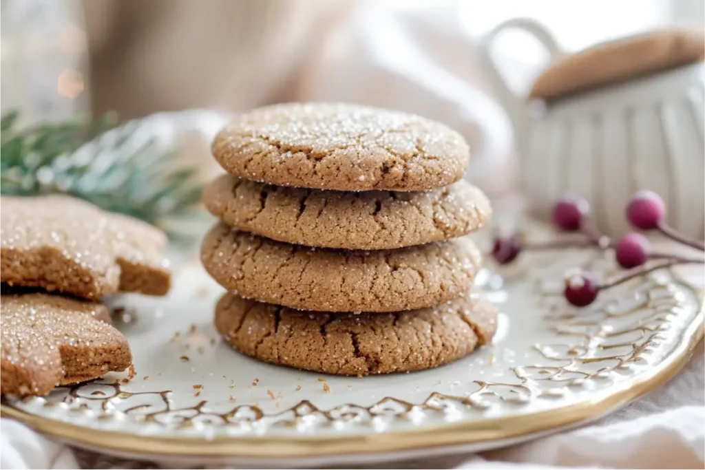 The Ultimate Gluten And Dairy Free Desserts For Christmas Everyone Will Love 2 Side-view of soft and chewy gluten-free gingerbread cookies stacked on a clean neutral surface, warm natural window light highlighting their tender cracked edges, blush and cream accents, brushed-gold ceramic touches, pastel sage hints, and realistic gluten-free texture with gentle crumbs in a cozy holiday mood, styled to fit gluten and dairy free desserts for Christmas.