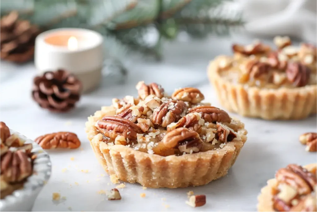 The Ultimate Gluten And Dairy Free Desserts For Christmas Everyone Will Love 18 Golden maple pecan tartlets with glossy maple filling and crisp coconut crust, shown in a warm close-up with soft natural window light, clean cream surface, pastel blush and sage accents, brushed-gold details, evergreen blur, shallow depth of field, and realistic gluten-free textures for a cozy modern holiday mood.