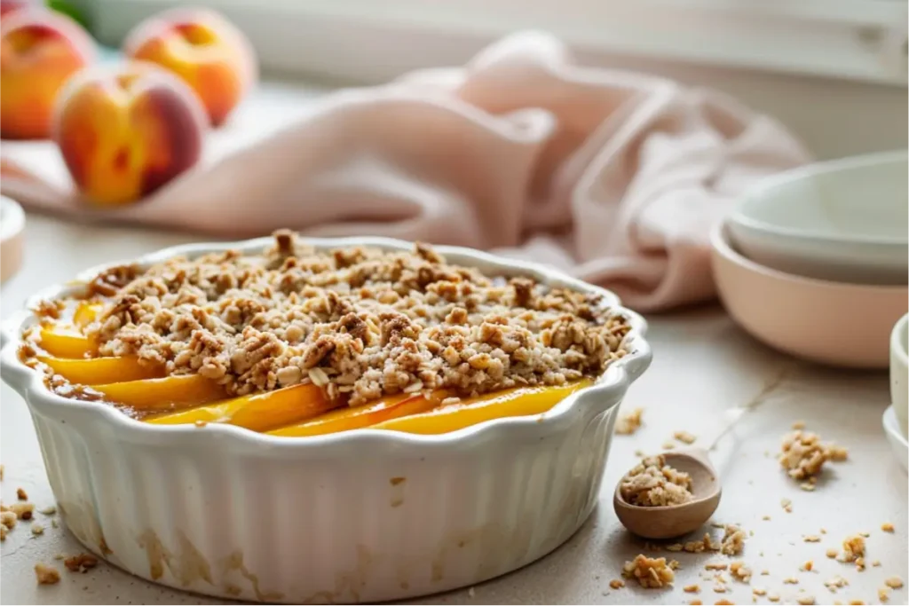 Warm natural window light highlighting a halved peach topped with golden gluten-free oat crumble, tender peach flesh glistening, soft pastel blush and cream accents in the background, shallow depth of field, minimal whisk and linen props, airy and calming modern Texas-inspired kitchen mood.