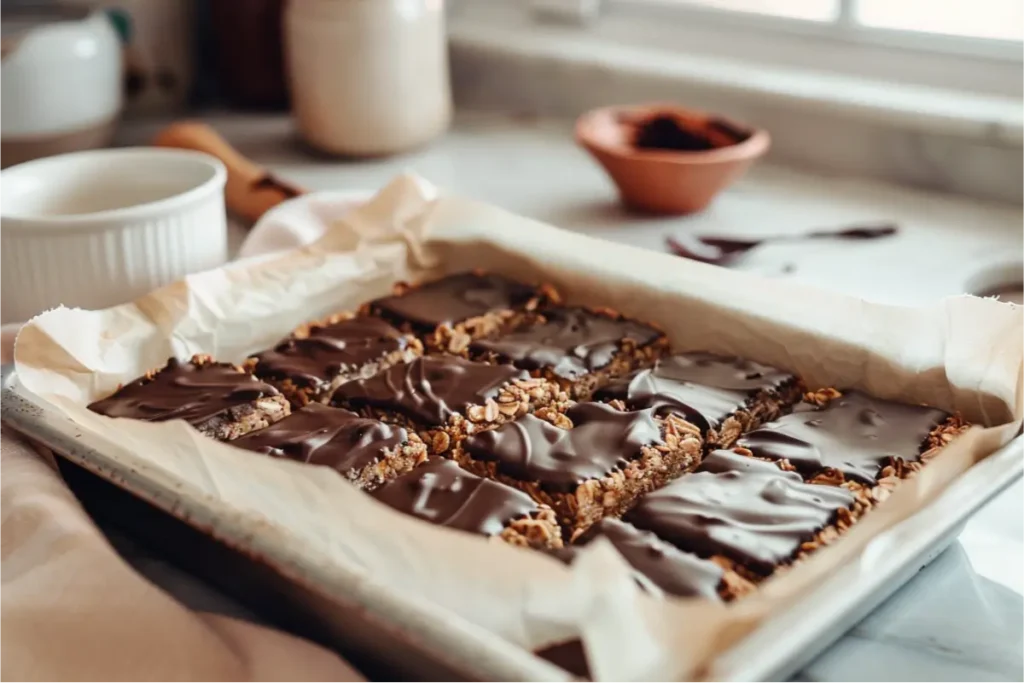Ultra-close gluten-free no-bake SunButter oat bars pressed into a parchment-lined pan, soft chocolate drizzle on top, warm natural window light highlighting the oat texture, pastel blush and cream accents in the background, shallow depth of field, minimal bowls and a soft linen creating a cozy, modern Texas-mom kitchen mood.